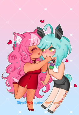 Chibi drawing of Sumomone and Uiui from Show By Rock!! Sumomone has long curly pink hair and squirrel ears and a wide tail. Uiui has blue hair, metal rabbit ears and a blue tail. Uiui is blushing, an ice cream cone in one hand. Sumomone holds Uiui's face i