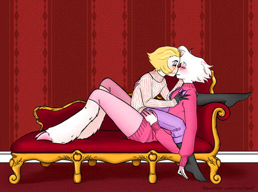 Lucifer and Angel Dust from Hazbin Hotel on a fainting couch. They're seen from the side, Lucifer sitting in Angel's lap, straddling him. Their faces are very close together, almost kissing. Lucifer's left foot is hooked over the arm rest of the couch. His
