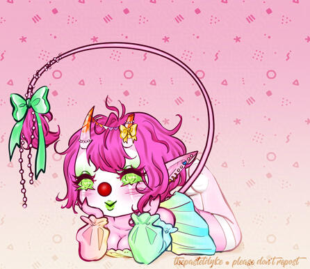 Rhubaby has pink skin and hair, a long tail that ends with a fluffy tuft of fur. She has clear horns with orange tips. She's wearing clown makeup and a clown nose. She's lying on her stomach, hands propping up her head, boobs pushed forward. She's wearing
